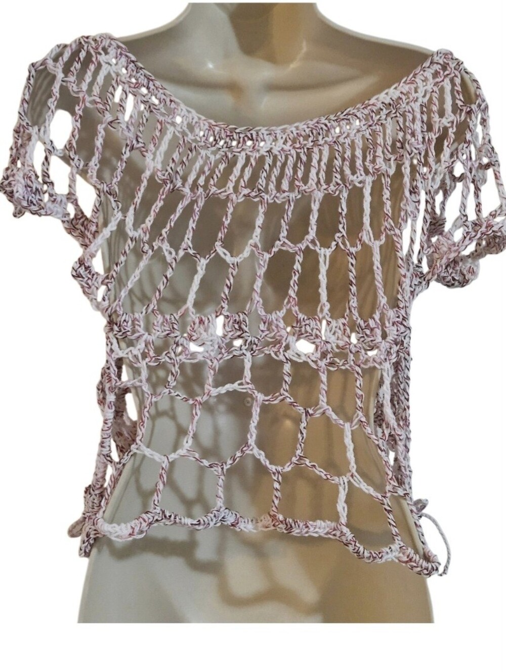 Handmade Crochet Open Work Top One Of A Kind Shaded Crimson 100% Cotton Versatil - Picture 4 of 16